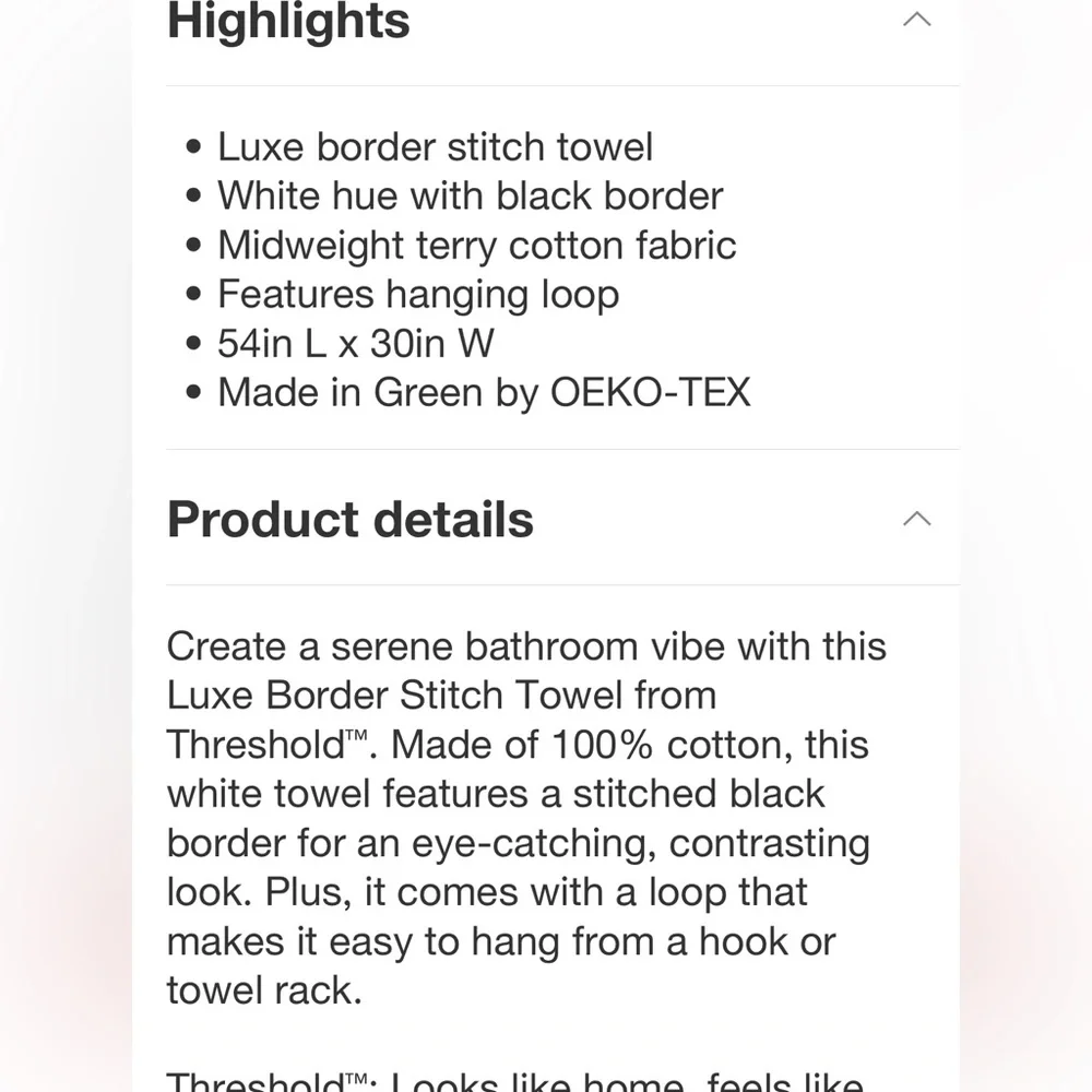 THRESHOLD NWT luxe border stitch hand towel -black/white